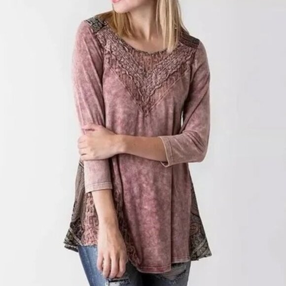 gimmicks by BKE Tops - Gimmicks XS Red Black Acid Wash Floral Print Lace Paneling Fairycore Blouse Top